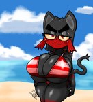 2024 absurd_res anthro big_breasts bikini black_body black_fur breasts clothing dus felid feline female fur generation_7_pokemon hi_res huge_breasts litten looking_at_viewer mammal markings nintendo pokemon pokemon_(species) pupils red_bikini red_body red_clothing red_eyes red_fur red_markings red_pupils red_swimwear short_stack solo swimwear tail two-piece_swimsuit yellow_eyes yellow_sclera