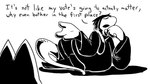 16:9 ambiguous_gender anthro bottomwear clothing dialogue digicat dragonweirdo duo english_text felid feline floppy_ears hi_res looking_at_another lying mammal monochrome narrowed_eyes on_side pants politics shaded sweater tail text topwear turtleneck widescreen