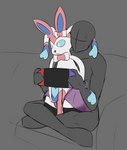 absurd_res blue_eyes clothing colored_sketch cross-popping_vein crossed_legs duo eeveelution electronics faceless_character faceless_male feral furniture game_console generation_6_pokemon hi_res illogicaljumble leg_markings legwear male markings motion_lines nintendo nintendo_switch on_lap pokemon pokemon_(species) sitting_on_lap sketch socks_(marking) sofa switch_console sylveon thigh_highs translucent translucent_clothing