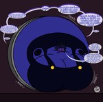 absurd_res anthro artist_name big_breasts blueberry_inflation breasts coleman12345 demon dialogue drenched english_text female glurgle helluva_boss hi_res huge_breasts hyper hyper_breasts hyper_inflation imp implied_popping inflation millie_(helluva_boss) not_furry solo speech_bubble squish stuck_in_door text vault_door