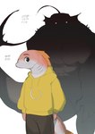 absurd_res anglerfish anthro bald bottomwear clothed clothing duo eyebrows fin fish fully_clothed gills hi_res hoodie kogito male marine pants size_difference tail tail_fin topwear