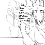 1:1 anthro bovid caprine caprine_demon clothed clothing demon dialogue english_text female goat_demon hi_res hladilnik horn lucy_(hladilnik) mammal monochrome plant shirt sleeveless_shirt solo text topwear