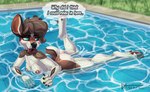 2024 animate_inanimate anthro blue_eyes breasts butt dascarl deer digital_media_(artwork) english_text female glistening glistening_body hi_res inflatable living_inflatable looking_back mammal nipples nude open_mouth outside solo swimming_pool tail text thought_bubble water