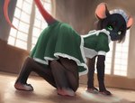 absurd_res all_fours anthro black_body black_fur clothing digitigrade dutch dutch_angle es female fur hi_res looking_at_viewer maid_apron maid_headdress maid_uniform mammal mouse murid murine mythrava rodent solo uniform