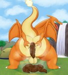 absurd_res anthro anus balls bedroom_eyes big_butt blue_eyes butt camp charizard claws cloud day detailed_background feces filth fire generation_1_pokemon genitals grass hi_res kiffy_(artist) looking_at_viewer looking_back looking_pleasured male mountain musk musk_clouds narrowed_eyes nintendo orange_body outside plant pokemon pokemon_(species) pokemon_camp pooping presenting presenting_anus rock scatplay seductive shrub solo spread_anus spread_butt spreading steam thick_thighs toe_claws tongue tongue_out tree water waterfall wings yellow_body