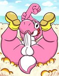 absurd_res anthro balls black_eyes butt digital_media_(artwork) dinosaur erection genitals hi_res junkbag male mario_bros nintendo nude penis pink_yoshi prehistoric_species presenting presenting_penis reptile scalie smile solo yoshi