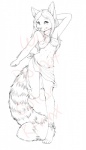 2010 4_toes 5_fingers ajna anthro bangs barefoot bassariscus biped blush cacomistle clothed clothing collaboration curved_eyebrows digital_drawing_(artwork) digital_media_(artwork) digitigrade distracting_watermark eyebrows feet female fingers fist fluffy fluffy_tail front_view full-length_portrait fur hair hand_behind_head hi_res inner_ear_fluff line_art long_hair long_tail looking_at_viewer mammal monochrome navel on_one_leg parted_bangs paws portrait pose procyonid ribbons side_skirt signature simple_background sketch skimpy solo standing tail tee_(ajna) toes tuft watermark white_background year