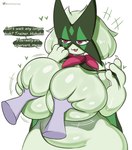 ambiguous_gender anthro big_breasts breast_grab breasts disembodied_hand duo english_text female generation_9_pokemon green_body hand_on_breast heart_symbol hi_res huge_breasts meowscarada nintendo nude open_mouth pokemon pokemon_(species) red_eyes speech_bubble startop text