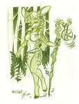 2021 anthro breasts deer eyes_closed faun featureless_breasts female forest fur hair j3t mammal monochrome navel outside plant solo staff tree