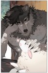 aman_(weibo) anthro blush border bovid canid canine canis caprine claws comic duo eyewear feral fluffy glasses head_on_hand headpat hi_res male mammal on_lap pince-nez sheep sitting_on_lap white_border wolf yellow_sclera