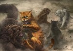 2019 ambiguous_gender brokenstar_(warriors) brown_body brown_fur chinese_text claws debris detailed detailed_background detailed_fur digital_media_(artwork) digital_painting_(artwork) domestic_cat felid feline felis feral fight firestar_(warriors) fluffy fur green_eyes group male_(lore) mammal official_art open_mouth orange_body orange_fur outside pawpads paws shaded striped_body striped_fur stripes tabby_cat tail teeth text warriors_(book_series) whiskers zilven