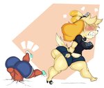 angry animal_crossing anthro big_butt blonde_hair blush breasts bully bullying butt canid canine canis cushion_(purpsyoshi) digital_media_(artwork) domestic_dog dominant dominant_female duo female fur hair hi_res huge_butt human isabelle_(animal_crossing) larger_anthro larger_female male mammal nintendo nipple_outline purple_yoshi_draws sharp_teeth short_tail size_difference smaller_human smaller_male tail teeth thick_thighs underbutt yellow_body yellow_fur