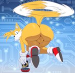 2023 absurd_res anthro backsack balls big_butt bigdon1992 blue_eyes butt canid canine clothing femboy footwear fox fur genitals hi_res huge_butt looking_at_viewer looking_back looking_back_at_viewer male mammal miles_prower sega shoes solo sonic_the_hedgehog_(series) thick_thighs white_body white_fur wide_hips yellow_body yellow_fur