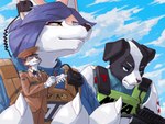 2023 4:3 5_fingers anthro army border_collie bottomwear canid canine canis clothing cloud collie digital_media_(artwork) domestic_dog female fingers finn_(gasmaskfox) fox group gun herding_dog hi_res kirina_violet_(pederont) korean_jindo larger_female luca_schneider_(pederont) macro male mammal micro mustelid musteline pants pastoral_dog pederont ranged_weapon sheepdog size_difference size_play sky smaller_male spitz trio true_musteline uniform weapon weasel