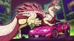 16:9 capcom car city city_lights city_skyline cityscape dragon dragons_fucking_cars eastern_dragon feet female feral foot_fetish foot_focus fur hi_res japan lamborghini lamborghini_diablo leviathan_(mh) looking_at_viewer looking_down looking_pleasured mizutsune monster_hunter mythological_creature mythological_scalie mythology neon_lights pink_body pink_fur scalie solo sports_car squidking super_car tokyo vehicle widescreen