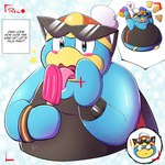 1:1 anthro avian beak belly bird blue_body blue_feathers blush clothing dessert english_text eyewear eyewear_on_head feathers food hi_res ice_cream king_dedede kirby_(series) licking male miaponfubuki nintendo overweight penguin recording shirt sunglasses sunglasses_on_head tank_top text tongue topwear