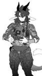 2024 absurd_res anthro bottomwear bulletproof_vest camo camo_print chabett clothing collar dragon escape_from_tarkov eyebrows female fur furred_dragon furred_scalie hair hi_res horn humanoid_face monochrome mythological_creature mythological_scalie mythology pants pgm300 scalie solo uniform wingless_dragon