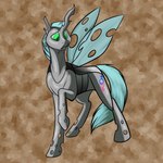 1:1 arthropod blue_hair changeling cutie_mark fangs female feral foxenawolf free_agent_(mlp) friendship_is_magic goldfur's_cogsverse green_eyes grey_body hair hasbro hole_(anatomy) horn insect_wings my_little_pony pupils slit_pupils solo teeth unicorn_horn wings