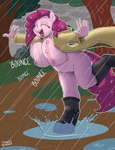 2016 absurd_res anthro anthrofied areola boots bouncing_breasts breasts casual_exposure clothed clothing curvy_figure equid equine eyes_closed female footwear friendship_is_magic hasbro hi_res horse mammal mostly_nude my_little_pony nipples nude open_clothing open_mouth open_shirt open_topwear pinkie_pie_(mlp) pony raining shirt shoes slightly_chubby solo strangerdanger topwear voluptuous water wet