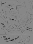 3:4 clothing comic dialogue digital_media_(artwork) english_text female female_pred first_person_view fused_shadow headgear headwear hi_res holding_micro humanoid imminent_vore imp licking licking_lips lips looking_at_viewer macro midna monochrome nintendo prey_pov smile talking_to_viewer text the_legend_of_zelda theboogie tongue tongue_out twili twilight_princess vore willing_prey