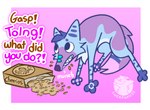 andromorph_(lore) blue_body blue_fur blue_hair canid canine cereal cheek_tuft cheerios chest_tuft dialogue eating eating_food english_text facial_tuft food fox fur general_mills green_markings hair hi_res humor luckfoxo33 male mammal markings pawpads paws pink_pawpads purple_background purple_body purple_fur sharp_teeth simple_background solo sound_effects teeth text tolng trans_(lore) trans_man_(lore) tuft wide_eyed