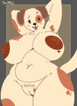 anthro belly big_breasts big_butt breasts butt canid canine canis day74art domestic_dog emoji female fur hands_behind_head hi_res mammal markings mature_female pubes slightly_chubby solo spots spotted_markings tail tan_body tan_fur thick_thighs