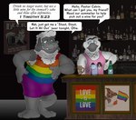 allcaps anthro avian bar barefoot beer_bottle beer_mug bible_quote bird black_text blue_eyes bold_text bottle bottomwear bovid brucebadger bulge canid canine canis caprine clothing container dialog_box domestic_dog duo english_text ezekiel_calvin feet fur greeting italic_text lgbt_pride male mammal multicolored_clothing multicolored_shirt multicolored_topwear muscular muscular_male ollie_(brucebadger) open_mouth pastor_calvin pink_clothing pink_shirt pink_tank_top pink_topwear poster pride_colors pride_rainbow print_clothing print_shirt print_tank_top print_topwear purple_bottomwear purple_clothing purple_shorts rainbow_clothing rainbow_flag rainbow_pride_flag rainbow_shirt rainbow_symbol rainbow_topwear sheep shirt shorts smile tank_top teeth_showing text topwear white_body white_fur white_text white_wool wool_(fur)