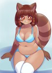 anthro bangs biped blue_background blue_bra blue_clothing blue_panties blue_underwear blunt_bangs bra breasts brown_body brown_fur brown_hair canid canine cleavage clothed clothing eyebrow_through_hair eyebrows female fur hair hair_tubes kemono legwear looking_at_viewer mammal medium_breasts multicolored_body multicolored_fur navel orange_eyes panties pupils raccoon_dog short_hair simple_background sitting slightly_chubby smile solo tail tanuki thigh_highs translucent translucent_hair tsukareta-inu_no_anime underwear unousaya white_clothing white_legwear white_pupils white_thigh_highs