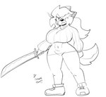 2023 4_fingers anaugi anthro big_breasts black_and_white bottomwear breasts canid canine canis clothed clothing domestic_dog english_text female fingers footwear hachimitsu hair hair_over_eye holding_melee_weapon holding_object holding_sword holding_weapon mammal melee_weapon monochrome navel navel_outline one_eye_obstructed pants ponytail shoes signature simple_background sneakers solo sweater sword text topwear turtleneck weapon white_background