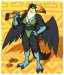 2019 2_toes absurd_res anthro athletic athletic_anthro athletic_female avian barefoot beak bikini biped border bottomwear breasts clothing feathers feet female full-length_portrait generation_7_pokemon green_clothing hand_on_hip hi_res high_waisted_bottomwear megawolf77 multicolored_beak multicolored_body nintendo non-mammal_breasts orange_beak pokemon pokemon_(species) portrait pose solo sports_bikini sports_panties standing swimwear talons toes toucannon two-piece_swimsuit weapon_on_shoulder white_border wings yellow_beak