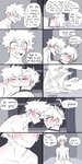 1:2 4_ears animal_humanoid blush canid canid_humanoid canine canine_humanoid claws clothed clothing collar comic dialogue dog_humanoid duo english_text genitals growling hair hi_res human humanoid humanoid_genitalia humanoid_penis izuku_midoriya katsuki_bakugou kissing lying male male/male mammal mammal_humanoid multi_ear my_hero_academia on_front penis pretty_werewolf speech_bubble spiky_hair tail tail_motion tailwag text tongue topless topless_male