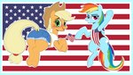 american_flag applejack_(mlp) blonde_hair blue_body blue_border blush blush_lines border bottomwear butt clothed clothed_feral clothing cowboy_hat cutie_mark cutoffs daisy_dukes denim denim_bottomwear denim_clothing dock_(anatomy) duo earth_pony equid equine eyebrows eyelashes feathered_wings feathers female feral flag flag_background flag_swimwear freckles friendship_is_magic furgonomics green_eyes grin hair half-closed_eyes hasbro hat headgear headwear hi_res hooves horse hotpants long_hair looking_at_viewer looking_back looking_back_at_viewer mammal multicolored_hair multicolored_tail my_little_pony mythological_creature mythological_equine mythology narrowed_eyes open_mouth open_smile orange_body pegasus pony quadruped rainbow_dash_(mlp) rainbow_hair rainbow_tail shorts smile tail teeth ton618 topwear underhoof united_states_of_america wings yellow_tail