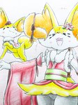 2023 3:4 ambiguous_gender anthro asian_clothing blush blush_lines braixen canid canine clothing duo east_asian_clothing eiroru eyes_closed featureless_crotch fennekin feral flower flower_accessory fur generation_6_pokemon graphite_(artwork) hi_res inner_ear_fluff japanese_clothing mammal nintendo open_mouth orange_body orange_fur paws plant pokemon pokemon_(species) simple_background tongue traditional_media_(artwork) tuft yellow_body yellow_fur