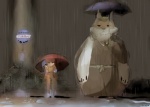 bleach_(series) bus_stop canid canine canis duo_focus female ghibli group holding_object holding_umbrella human ichigo_kurosaki mammal my_neighbor_totoro outside parody raining rukia_kuchiki sajin_komamura souno totoro_bus_stop umbrella water wolf