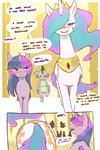 2:3 absurd_res anthro blush cold-blooded-twilight comic dialogue dragon english_text equid equine female feral friendship_is_magic hair hasbro hi_res horn larger_female male mammal multicolored_hair my_little_pony mythological_creature mythological_equine mythological_scalie mythology princess_celestia_(mlp) purple_body rear_view scalie size_difference smaller_female smaller_male spike_(mlp) tail text twilight_sparkle_(mlp) unicorn white_body winged_unicorn wings