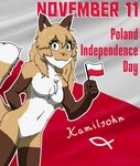 5_fingers :3 anthro averi_(fiddleafox) brown_body brown_fur canid canine casual_nudity chest_tuft conditional_dnp dipstick_tail english_text female female_anthro fingers flag flag_(object) flag_background fox fur grandfathered_content green_eyes hair hi_res holding_flag holding_object holidays kamilsohn mammal markings national_independence_day_(poland) poland poster poster_template red_fox signature solo tail tail_markings text true_fox tuft white_body white_fur