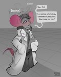 2023 absurd_res anthro bottomwear clothing coat dialogue digital_media_(artwork) english_text female floor hi_res holding_object krim_hue lab_coat looking_up mammal mouse murid murine necktie pants rat rodent shrinking size_transformation solo tail text topwear transformation whiskers