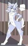 anthro blue_body blue_fur blue_horn canid featureless_crotch female flat_chested fur hi_res horn kiukiu mammal nipples silence solo sunya_(kiukiu) tomboy white_body white_fur