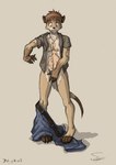 anthro black_nose bottomless bottomwear bottomwear_around_one_leg bottomwear_down brown_body brown_fur brown_hair clothed clothing clothing_around_one_leg covering covering_crotch covering_self eleode fur fur_growth growth hair herpestid human human_to_anthro male mammal meerkat mid_transformation open_clothing open_mouth open_shirt open_topwear pants pants_around_ankles pants_around_one_leg pants_down partially_clothed shirt shocked simple_background snout snout_growth solo species_transformation titash_(character) topwear transformation