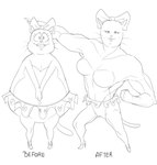 2024 accessory after_transformation annabelle_(eek!_the_cat) anthro before_and_after bent_arm big_breasts big_chest big_eyes big_muscles biped black_and_white black_text blush blush_lines bottomwear bow_(feature) bow_ribbon breasts clothed clothing dbaru digital_drawing_(artwork) digital_media_(artwork) domestic_cat eek!_the_cat english_text extended_arm eyelashes featureless_breasts featureless_crotch felid feline felis female fingers fist footwear front_view growth hair_accessory hair_bow hair_ribbon hands_together heart_print heart_symbol hi_res high_heels lipstick long_eyelashes long_whiskers looking_at_viewer makeup mammal microskirt miniskirt monochrome muscle_growth muscular muscular_anthro muscular_arms muscular_female muscular_thighs navel obese obese_anthro obese_female overweight overweight_anthro overweight_female pose prick_ears print_bottomwear print_clothing print_microskirt print_miniskirt print_skirt ribbons shoes sketch skirt small_nose smile smiling_at_viewer solo standing straight_legs tail text thick_neck top_heavy topless topless_anthro topless_female whiskers white_heart