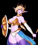 alpha_channel armor armwear artwithmoira blonde_hair blue_eyes bulge clothing corruption_of_champions_2 crown elbow_gloves elf etheryn gloves gynomorph hair handwear headgear humanoid humanoid_pointy_ears intersex melee_weapon midriff not_furry polearm ponytail purple_body shield smile smiling_at_viewer solo spear translucent translucent_clothing weapon