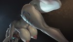 anthro anus areola big_breasts bovid breasts butt caprine female fur genitals glowing glowing_eyes hanging_breasts hi_res huge_breasts kindred_(lol) lamb_(lol) league_of_legends low-angle_view mammal markings mask momo_fox nipples pussy rear_view riot_games sheep solo tencent thick_thighs white_body white_fur