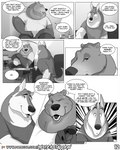 4:5 anthro ardent_(misterstallion) bear bottle bottomwear calvin_(misterstallion) canid canine canis clothed clothing comic container dialogue duo english_text eyebrows fur furgonomics gesture greyscale hand_gesture hi_res male mammal misterstallion monochrome open_mouth pants patreon patreon_logo pointing shirt sitting speech_bubble teeth text topwear url wolf