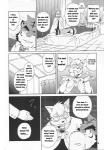 5_fingers anthro bed cloak clothing comic countershading dialogue english_text eyewear felid fingers fruitz fur furniture goggles hair hi_res inner_ear_fluff inside kemono mammal monochrome necktie open_mouth suit text tuft