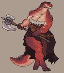 absurd_res anthro axe barefoot breasts dinosaur feet female hi_res muscular muscular_anthro non-mammal_breasts pouches prehistoric_species reptile scales scalie scar smile solo tail thecoatl034