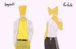 absurd_res belt bottomwear clothed clothing duo featureless_face food food_creature food_humanoid for_a_head fully_clothed hi_res humanoid jacket kogito living_pasta male neck_bow not_furry object_head pants shirt sweatpants t-shirt tight_clothing topwear yellow_body yellow_theme