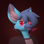 1:1 3d_(artwork) ambiguous_gender anthro big_ears blue_body blue_fur blue_hair blush blushing_at_viewer canid canine cosplay digital_media_(artwork) eyebrows fangs fox fur hair hi_res looking_at_viewer male mammal red_background red_eyes red_nose simple_background solo teeth username-password username_(character)