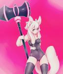 anthro biju_(chocoteenie) biped breasts camel_toe canid canine cleavage clothed clothing digital_media_(artwork) female fox fur hammer heart_eyes heart_symbol hi_res inner_ear_fluff legwear mammal pink_background pink_body pink_fur portrait simple_background solo standing three-quarter_portrait tools tuft weapon zamzi