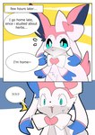 abstract_background ambiguous_gender bodily_fluids colored dialogue eeveelution english_text female_(lore) feral generation_6_pokemon hi_res narration nervous nervous_sweat nintendo okazu pokemon pokemon_(species) solo speech_bubble sweat sylveon text