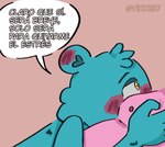 2023 achuchones_(unicorn_wars) anthro bear belly biped blue_body blush dialogue duo gordi_(unicorn_wars) hug humanoid_hands mammal moobs nipples pink_body slightly_chubby solo_focus spanish_text text translated unicorn_wars vixx137 yellow_eyes